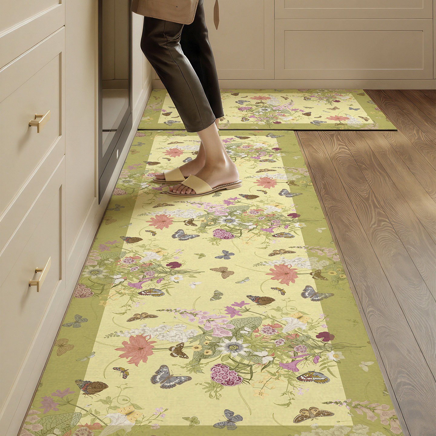 Commercial Kitchen Light - Floral Kitchen Mat Floor PVC Leather