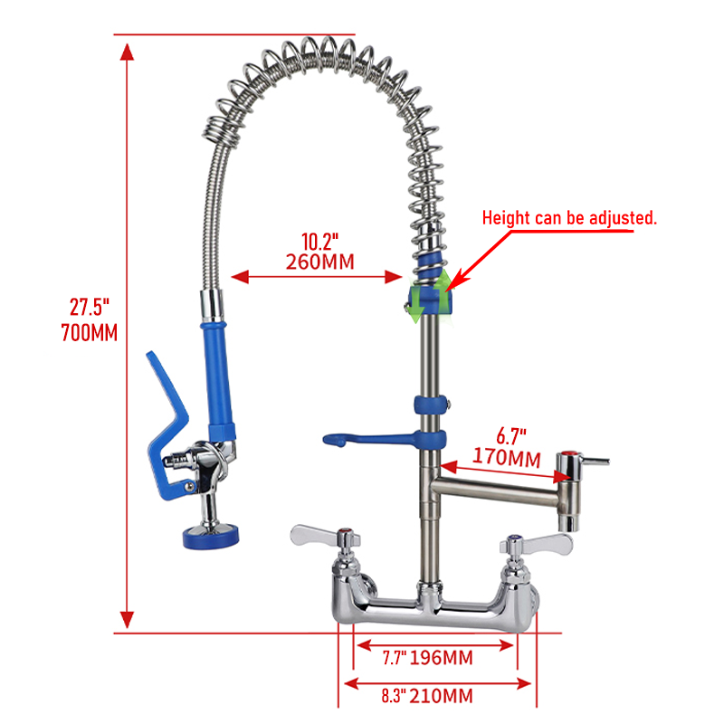 Commercial Kitchen Taps - 304SS Integrated Pipe + Brass Pre-Rinse